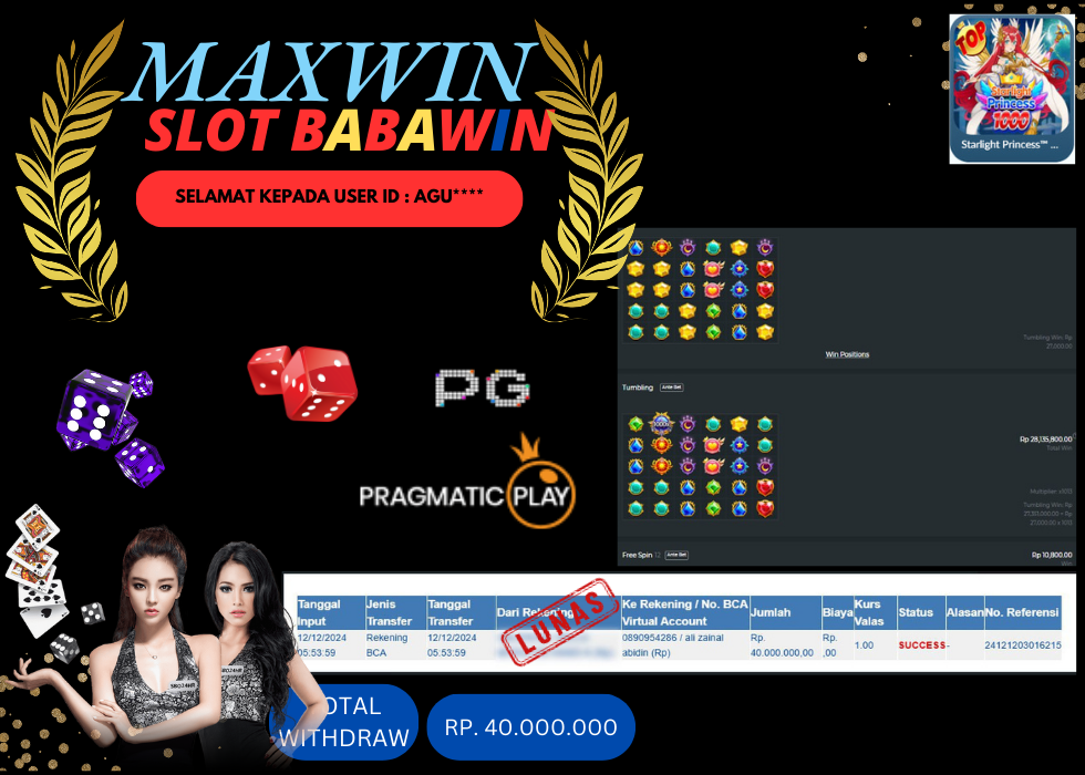 BABAWIN JACKPOT SLOT STARLIGHT PRINCESS 1000 Rp. 40.000.000,- LUNAS